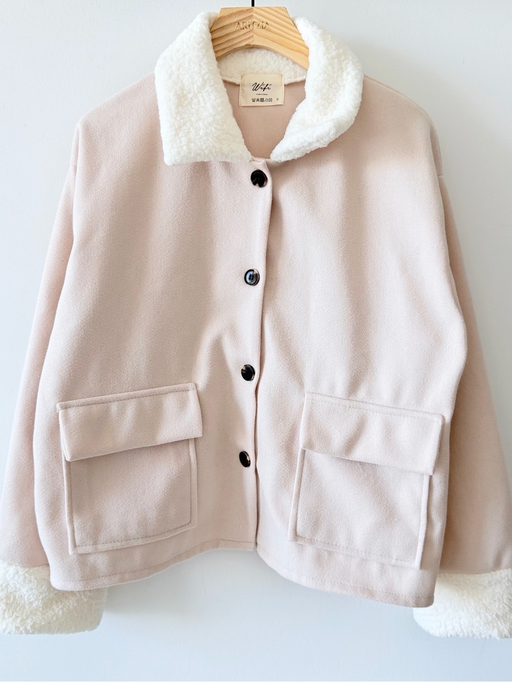 WiFi Light Blush Pink Sherpa Trim Oversized Shacket Jacket Women’s Size M - Picture 2 of 12